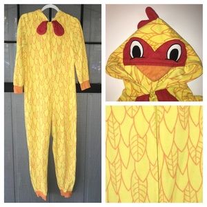 Adult chicken sleeper/lounger/costume, yellow with feather print and hood